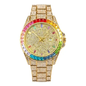 Men’s Automatic Watch Rose Gold Plated Full Diamond Bezel Panda Skeleton Dial Waterproof Luxury Mechanical Rubber Tonneau