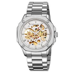 Men’s Automatic Watch Stainless Steel Band 30M Water Resistant Skeleton Dial Luxury Business Style Watch
