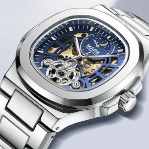Men’s Automatic Watch Stainless Steel Square Hollow Mechanical Watch Luminous Pointer Business Steel Strap Watch