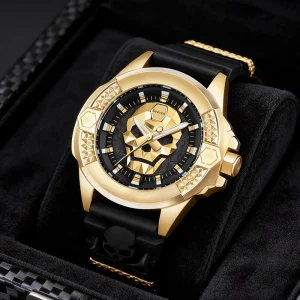 Men’s Black Gold Skull Stainless Steel Case 50M Water Resistant Silicone Strap Fashion Trend Multi functional Automatic