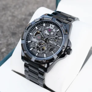 Men’s Black PVD Mechanical Watch WT3100 Waterproof Black Bracelet Band Classic Skeleton Automatic Hollow Timepiece