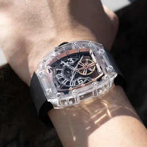 Men’s Black Series Mechanical Watch Crystal Tonneau Case Skeletonized Luminous Dial Power Reserve Rubber Strap