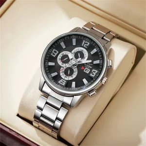 Men’s Black Stainless Steel Watch Luxury Calendar Quartz Wrist Watch Men Business Watches for Man Clock Relogio Masculino