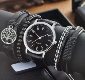 Men’s Bracelet Leisure Business Leather Belt Quartz Watch Bracelet Gift Jewelry Set
