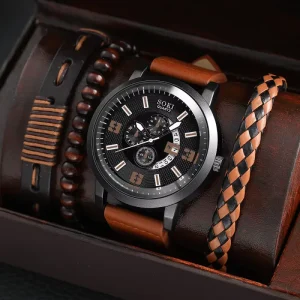 Men’s Business Alloy 4 Pcs Jewelry Set Casual Leather Strap Number Date Quartz Wristwatch Fashion Watch