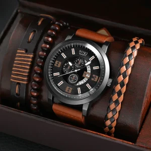 Men’s Business Alloy 4 Pcs Jewelry Set Casual Leather Strap Number Date Quartz Wristwatch Fashion Watch CC006