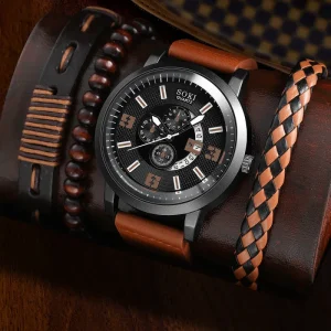 Men’s Business Alloy Quartz Watch Jewelry Set Fashion Bracelet Big Dial Watch Set