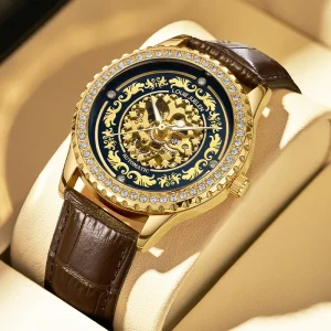 Mens Business Automatic Mechanical Watch 41mm Luminous Pointer Hand Genuine Leather Strap Mineral Glass 30M