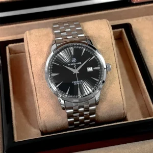 Men’s Business Casual Quartz Watch Black Sunburst Dial Calendar Display Stainless Steel Waterproof Fashion Wristwatch