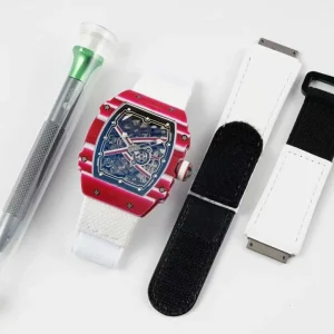 Men’s Business Casual Ultra-Thin Skeleton Automatic Watch TPT Carbon Fiber Tonneau Case Mechanical Watch