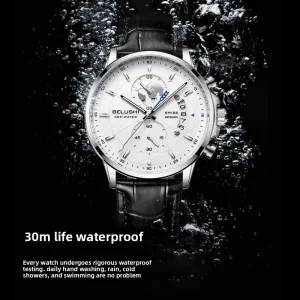 Men’s Business Chronograph Quartz Watch Alloy Case Leather Strap Luminous Dial