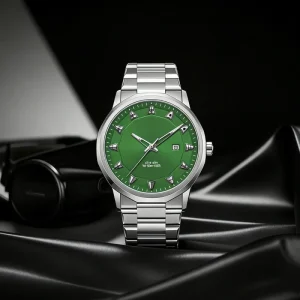 Men’s Business Custom Logo Green Stainless Steel Waterproof Fashion Quartz Wrist Watch with Date