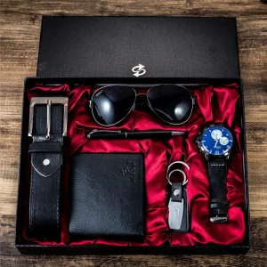 Men’s Business Gift Set Watch Belt Wallet Exquisite Packaging Creative Simple Design Polyurethane Material 6 Piece Set
