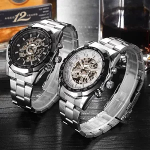 Men’s Business Mechanical Watch Hollow Gold Silver Automatic Stainless Steel Wrist Strap Glass