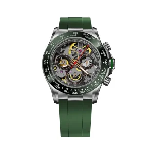 Men’s Business Skeleton Round Dial Mechanical Watch Stainless Steel Case Rubber Strap Unique Three-eye Design