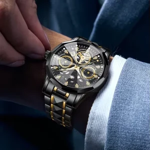 Men’s Business Watch Stainless Steel Alloy Band Quartz Calendar Luminous Waterproof Hollow Out