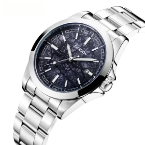 Men’s Business Watch Stainless Steel Link Bracelet Analog Quartz Wristwatch with Textured Dial and Date Calendar