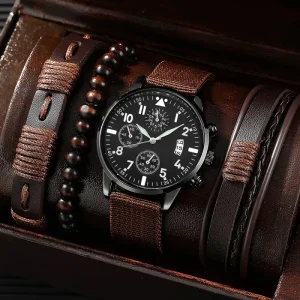 Men’s Business Watch with PU Wristband Alloy Case Glass Dial Window Pointer Display Watch Set