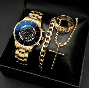 Men’s Calendar Steel Strap Quartz World Time Wristwatch Set