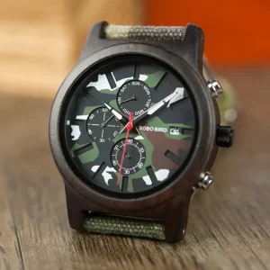 Men’s Camouflage Wood & Fabric Sport Watch Leather Band