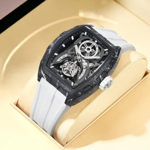 Men’s Carbon Fiber Automatic Tourbillon Mechanical Watch Fluorine Rubber Strap Skeleton Dial Waterproof 50M Luminous