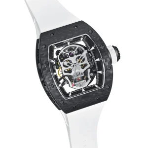 Men’s Carbon Fiber Mechanical Watch Skeleton Transparent Dial Tonneau Case Automatic Rubber Strap