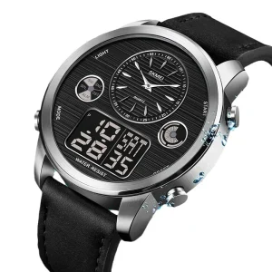 Men’s Cartoon Fashionable Cool Sports Electronic Wristwatch Retro Luminous Leather Band Stop Watch Quartz Digital Movement