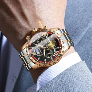 Men’s Casual Business Watch Multi function Large Dial Luminous Stainless Steel with Leather Strap