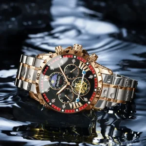 Men’s Casual Business Watch Multi function Large Dial Luminous Stainless Steel with Leather Strap