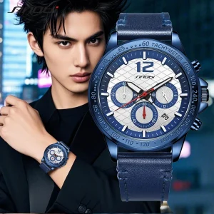 Men’s Casual Chronograph Quartz Watch Luminous Pointers Genuine Leather Band 20mm Width