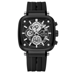 Men’s Casual Sports Quartz Watch Waterproof Chronograph 40mm Square Alloy Case Silicone Strap Pointer