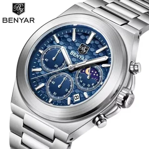 Men’s Chronograph Luminous Dial Fashion Quartz Wristwatch Waterproof Stainless Steel Band Casuals