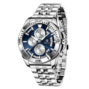 Men’s Chronograph Quartz Watch 3BAR Waterproof Stainless Steel Band Luminous Calendar Business Casual Watch