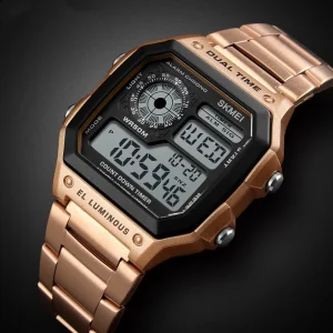 Men’s Classic Electronic Watches Gold Stainless Steel Strap Digital Display Sport Watch