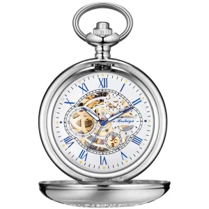Men’s Classic Mechanical Pocket Watch with Roman Numerals White & Black Dial 47mm Alloy Strap Vintage Style