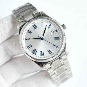 Men’s Classic Roman Numeral Watch Silver Dial Stainless Steel Band with Date Display Elegant Business Dress Wristwatch