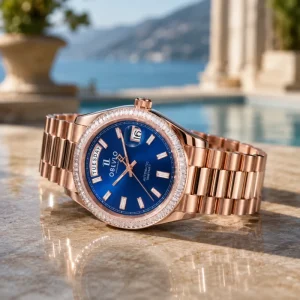 Men’s Diamonds Rose Gold Blue Dial Miyota Automatic Stainless Steel Watch Date Day 5BAR Water Resistant