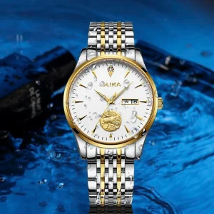 Men’s Double Calendar Automatic Mechanical Watch Business Style Waterproof with Stainless Steel Band 22mm Width