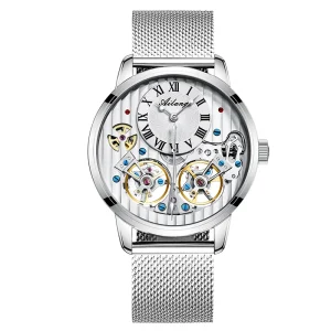 Men’s Double Tourbillon Flywheel Watch Stainless Steel Strap Analog Waterproof Wristwatch