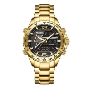 Men’s Dual Display Sporty Digital Chronograph Watch Stainless Steel Band Waterproof Multi Functional LED Luminous Calendar Watch