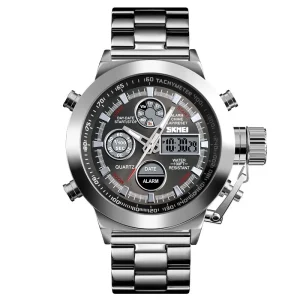Men’s Dual Display Waterproof Digital Watch Multifunctional Dual Time Zone Watch Stainless Steel Sport Chronograph Watch