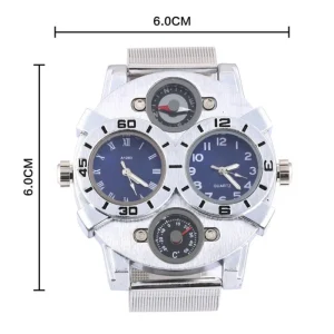 Men’s Dual Time Zone Stainless Steel Mesh Strap Quartz Watch with Fluorescent Compass Function 3ATM Waterproof