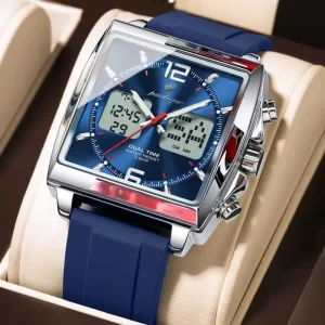 Men’s Electronic Quartz Watch Square Case LED Chronograph Luminous Hands Week Display Calendar Silicone Strap