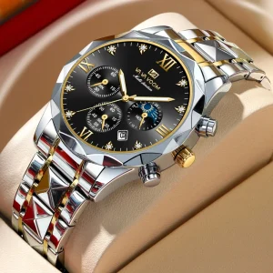 Mens Fashion Business Quartz Watch Three Eye Six Pin Calendar Stainless Steel Belt