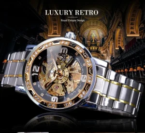 Men’s Fashion Casual Classic Hollow Rhinestone Manual Mechanical Alloy Acrylic Pointer Watch