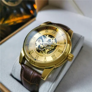 Men’s Fashion Personalized Skeleton Automatic Watch with Leather Strap Waterproof Mechanical Wristwatch