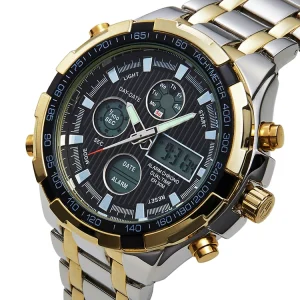 Men’s Fashion Quartz Stainless Steel Digital Watch with Alarm and Antique Design LED Dual Display Business Style