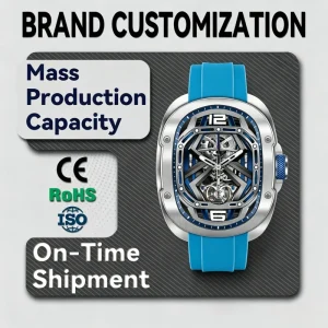 Men’s Fashion Skeleton Quartz Watch 46mm Square Dial Zinc Alloy Case Blue Silicone Strap Waterproof Sport Wristwatch