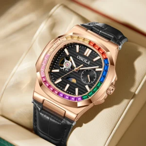 Men’s Fashion Sport Automatic Mechanical Water Resistant Watch with Rubber Band and Glass Dial