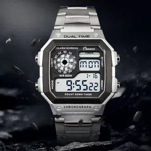 Men’s Fashion Sports Digital Watch Waterproof Multifunctional Chronograph Luminous Rectangle Case Stainless Steel Band